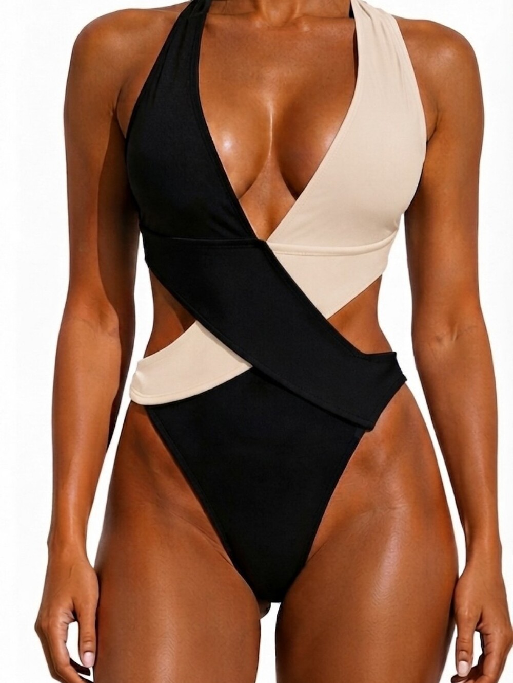 NWOT Color Block Plunge Criss Cross Back One Piece Swimsuit